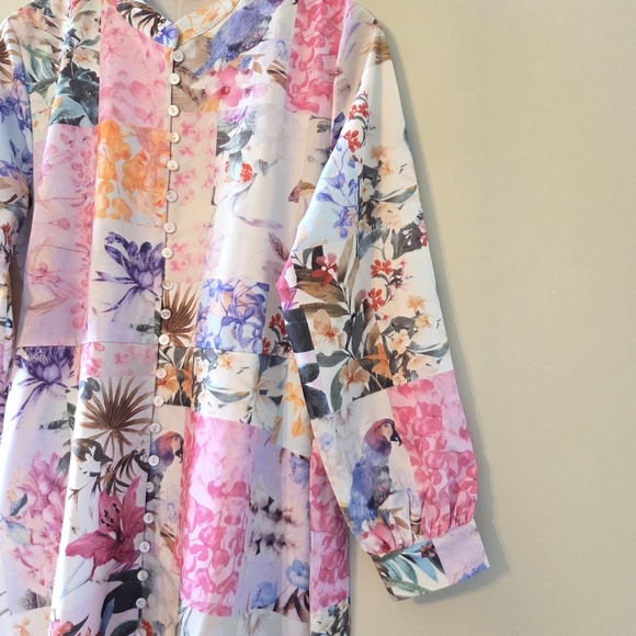 Annick Patchwork Tropical Floral Animal Print Midi Feminine Long Sleeve Dress S - Picture 7 of 13